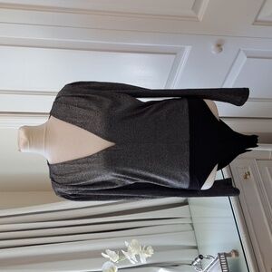 REISS Womens Rosie Silver Metallic V-Neck Bodysuit Puff/Pleated Shoulders S-M